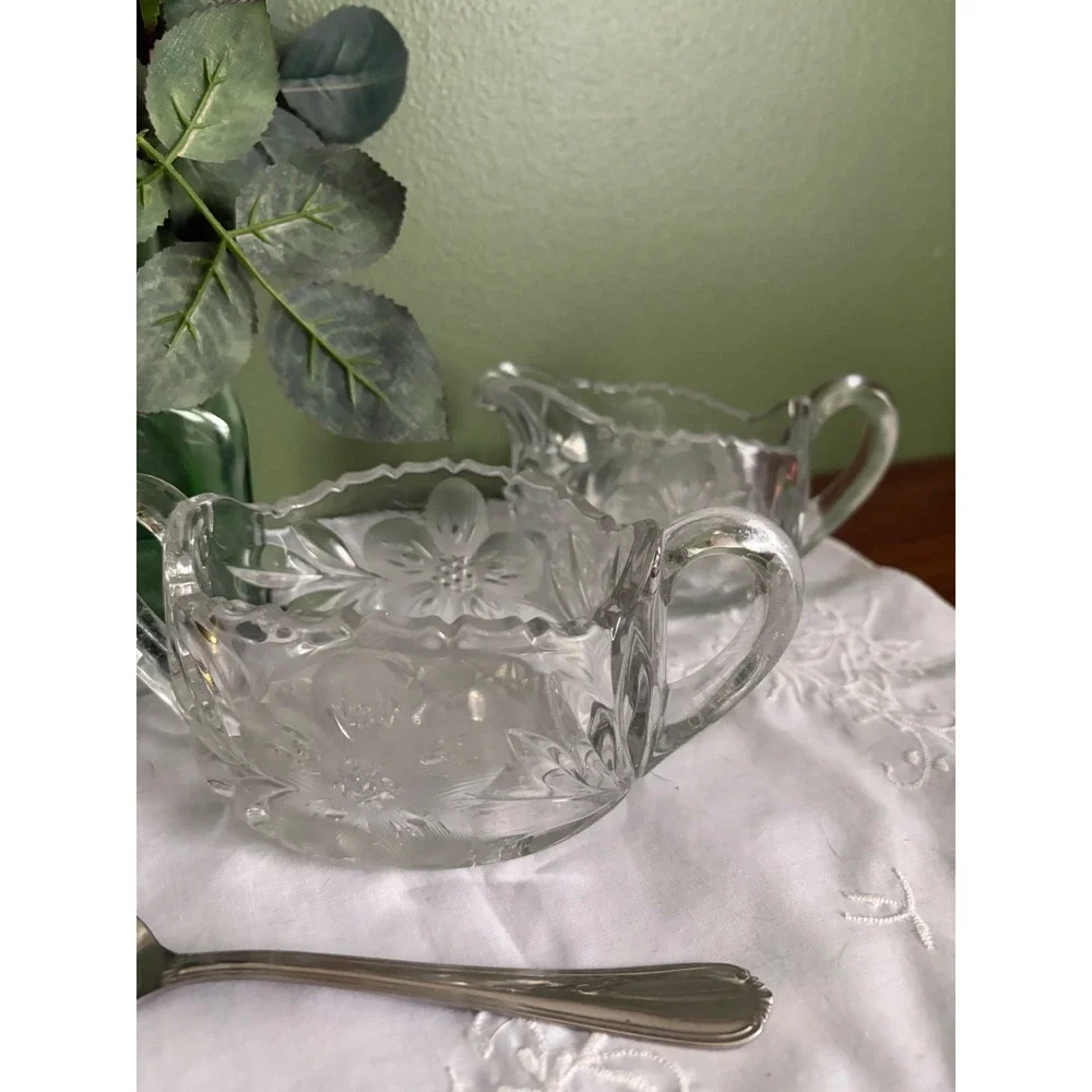 American Brilliant Period Style Cut Glass Creamer and Sugar Set, Vintage Crystal